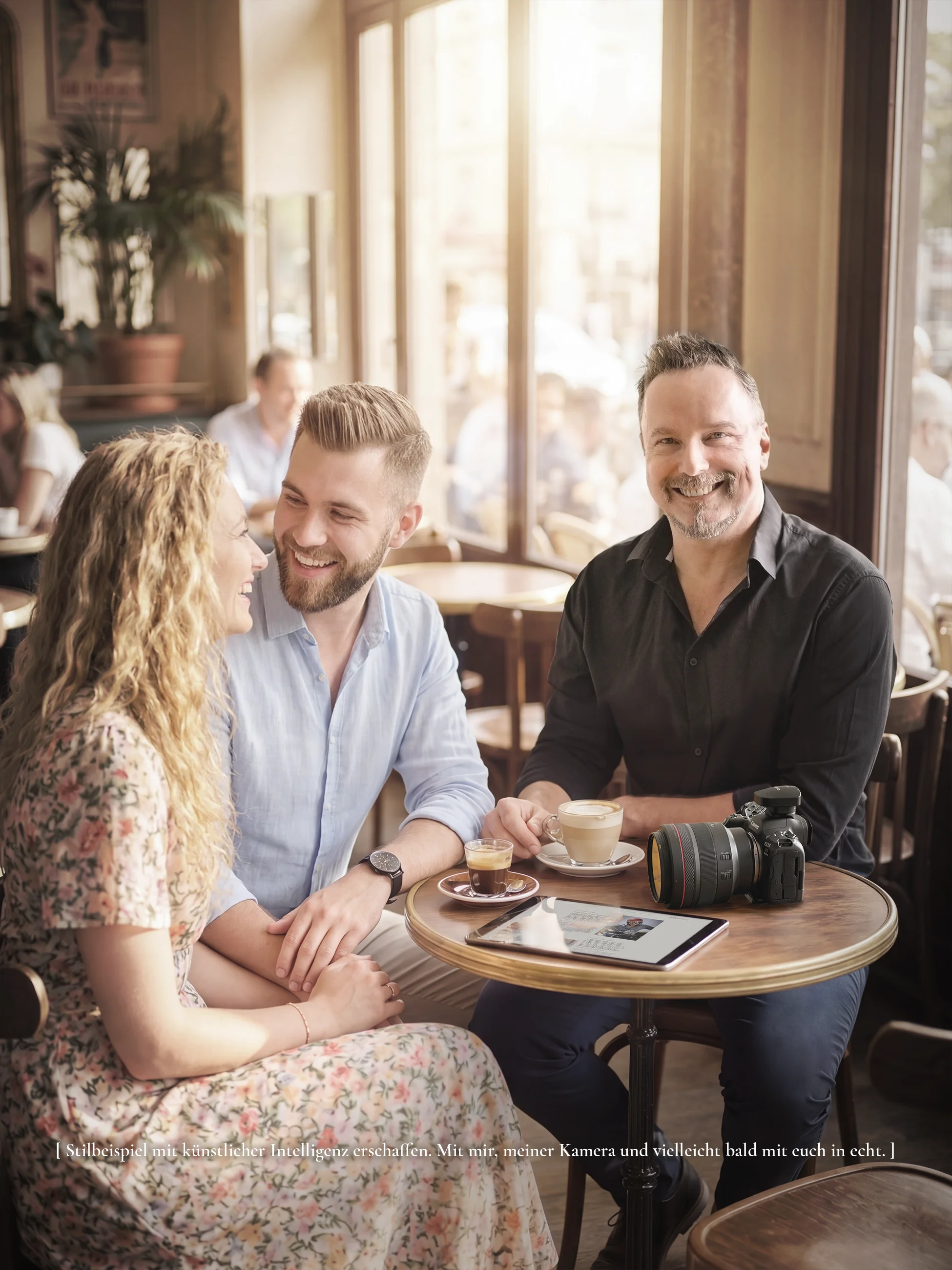 Denis Michel, Hochzeitsfotograf aus Breisach, mit seiner Kamera und einem KI-generierten Brautpaar in einem Pariser Café